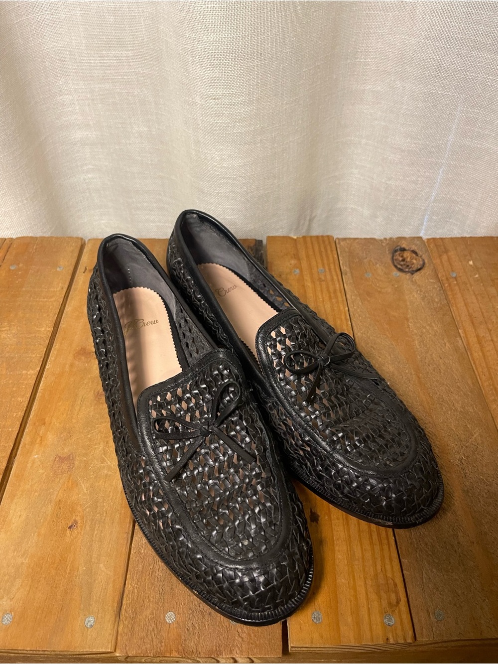 J. Crew Black Woven Leather Slip-On Loafers With Bow Detail.